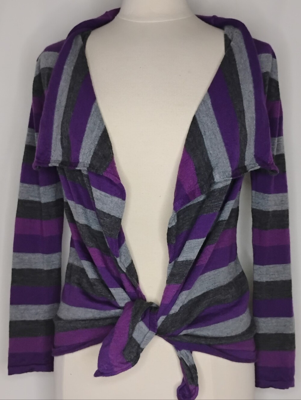 Women's Small Victor Alfaro Purple Gray Striped Wool Sweater Open / Tie Front S